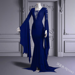 witch dress to impress Women's Bell Sleeve Lace-up V-neck Sexy Stage Wear Fishtail Skirt Dress