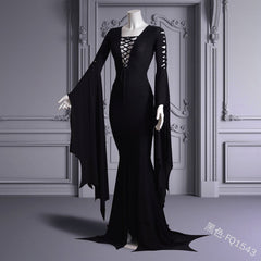 witch dress to impress Women's Bell Sleeve Lace-up V-neck Sexy Stage Wear Fishtail Skirt Dress