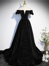 BXOXO A-Line Off Shoulder Velvet Black Long Prom Dresses, Black Formal Evening Dress
