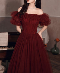 BXOXO Simple Burgundy Off Shoulder Tulle Long Prom Dress Burgundy Evening Dress
