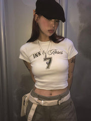 Bxoxo American Retro Streetwear Hip Hop Rock Punk Harajuku Y2K Women's Crop Tops Gothic Fashion Letter Print Slim O-Neck Short Sleeves