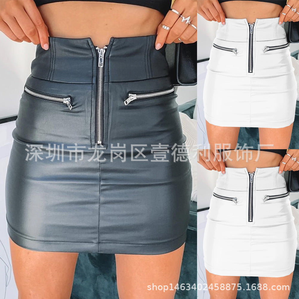 Women's Leather Skirt Sexy Zipper Stitching Hip Skirt Skirt Autumn and Winter
