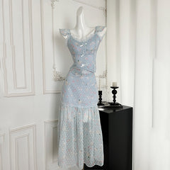 BXOXO - summer inspo Summer New Gentle Style Two-piece Set Women Sweet Little Flying Sleeves Short Tops + High Waist Long Skirt Suit