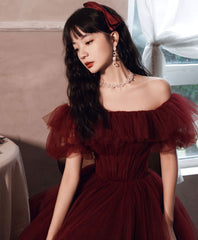 BXOXO Simple Burgundy Off Shoulder Tulle Long Prom Dress Burgundy Evening Dress