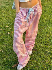 BXOXO - summer inspo Japanese Sweet Cute Lace Trim Colorful Stripe Casual Loose Straight Leg Pants Women Korean Fashion Pink Kawaii Streetwear