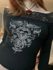 BXOXO - summer inspo Gothic Retro Lace Trim Slash Neck Blouses Women�Long Sleeve Y2k Darkly Chic Print Autumn Trendy Fashion Tops