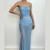 Backless Mesh Cross Back Ruched Slit Self Tie Solid Maxi Dress