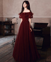 BXOXO Simple Burgundy Off Shoulder Tulle Long Prom Dress Burgundy Evening Dress