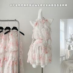 BXOXO - summer inspo 2025 Summer Halter Neck Floral Print Dress Beach Style Party Mini Dress Women's Sweet Sleeveless Dresses