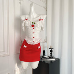 BXOXO - summer inspo 2025 New French Sweet Two-piece Short Crop Sling Tops + Bow A-line Skirts Suits Korean Spicy Girl Sexy Chic Sets