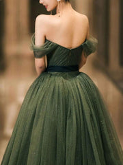 BXOXO Simple Green Sweetheart Tulle Long Prom Dress, Green Formal Dresses