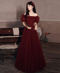 BXOXO Simple Burgundy Off Shoulder Tulle Long Prom Dress Burgundy Evening Dress