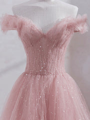 BXOXO Pink Off Shoulder Tulle Tea Length Prom Dress, Tulle Formal Dress