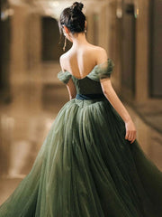 BXOXO Simple Green Sweetheart Tulle Long Prom Dress, Green Formal Dresses