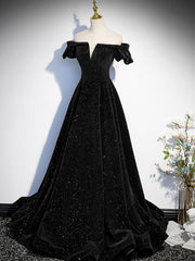 BXOXO A-Line Off Shoulder Velvet Black Long Prom Dresses, Black Formal Evening Dress