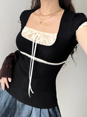 BXOXO - summer inspo Sweet Y2K Contrast Lace Patchwork Square Collar Black T-Shirt Women Short Sleeve Basic Balletcore Cute Summer Tops