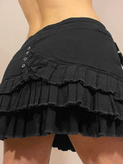 BXOXO - summer inspo Punk Gothic Black Eyelet Ribbon Denim Skirt Women Low Waist Asymmetrical Tiered Pleated Short Jean Skirts Y2K