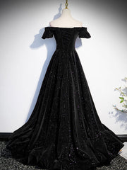 BXOXO A-Line Off Shoulder Velvet Black Long Prom Dresses, Black Formal Evening Dress