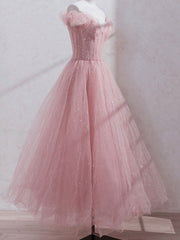 BXOXO Pink Off Shoulder Tulle Tea Length Prom Dress, Tulle Formal Dress