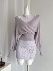 BXOXO French Elegant Luxury Sexy 3 Piece Set Women Lace Top+Off Shoulder Sweater+Mini Bag Hip Skirts Female Nightclub Slim Knit Suit