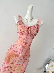 BXOXO - summer inspo French Sweet Floral Suspender Dress Women 2025 New Holiday Style Sexy Slim Sleeveless Wrapped Long Dresses