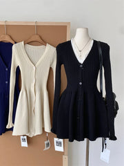 BXOXO Autumn Korean Fashion V Neck Knit Dress Women Designer Sweet Slim Sweater Dresses Female Retro Solid Y2k Knitted Mini Dress New