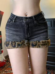 BXOXO - summer inspo Fashion Y2k Leopard Faux Fur Spliced Jean Shorts Women Chic Trendy Street Shorts Retro Exquisite