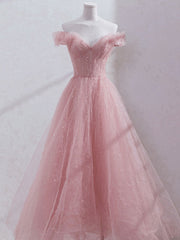 BXOXO Pink Off Shoulder Tulle Tea Length Prom Dress, Tulle Formal Dress