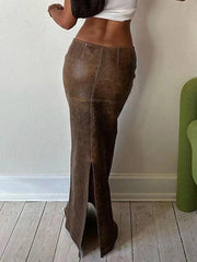 Vintage Brown Back Slit Low Waist Leather Maxi Skirt