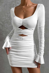 BXOXO - V Neck Cutout Bell Sleeved Pleated Dress