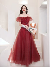 BXOXO Burgundy Tulle Off Shoulder Long Prom Dress, Burgundy Evening Dress