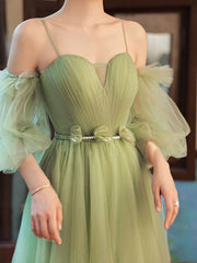 BXOXO Simple A line Green Long Prom Dress, Green Tulle Bridesmaid Dress
