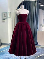BXOXO Simple Burgundy Tea Length Prom Dress, Burgundy Homecoming Dress