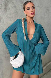 BXOXO - Pleated Lapel Low Cut Mini Dress