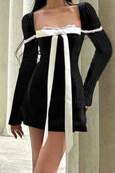 BXOXO - Square Neck Bow Tie Striped Long Sleeve Mini Dress