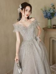 BXOXO A-Line Off Shoulder Tulle Sequin Gray Long Prom Dress, Gray Formal Dress