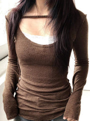 BXOXO - Lace Faux Two-Piece Long Sleeve Top