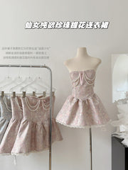 BXOXO - summer inspo Sweet Elegance Retro Jacquard Strapless Dress for Women Fashion Dresses Cute Pearl Pendant Slim Fit Patchwork Sexy Mini Dress