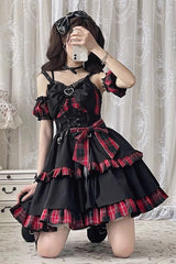 BXOXO - Black/Red Plaid Print Color Contrast Leather Buckle Bowknot Ruffle Gothic Lolita JSK Dress