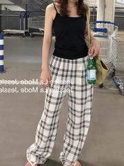 BXOXO Harajuku Plaid Pants Women Casual Wide Vintage Korean Style White Checked Trouser Thin Home Pants Chic Female Streetwear