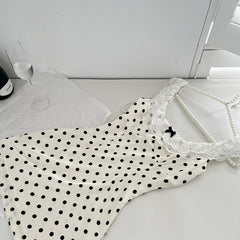 BXOXO - summer inspo French Retro Polka Dot Print Sexy Sling Dress Women 2025 New Lace Stitching Bodycon Mini Sundress Holiday Party