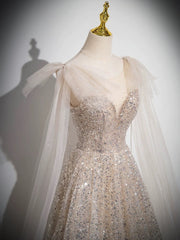 BXOXO A-Line Scoop Neckline Tulle Sequin Champagne Long Prom Dress