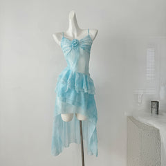 BXOXO - summer inspo Pure Lust Hottie Sexy Suspender Dress Women 2025 Summer Vacation Style Irregular Design Ruffled Slim Waist Long Dress