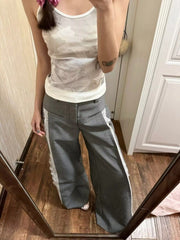 BXOXO Vintage Lace Dress Pants Woman Wide Leg Gray High Waist Suit Pants Baggy Y2k Casual Elegant Trouser Office Wear Harajuku