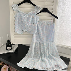 BXOXO - summer inspo Summer New Gentle Style Two-piece Set Women Sweet Little Flying Sleeves Short Tops + High Waist Long Skirt Suit