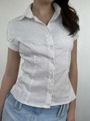 BXOXO - summer inspo Sweetown White Stripe Puff Short Sleeve Button Shirts For Women Basic Simple Casual Seumme Preppy Tops Y2K Korean Clothes