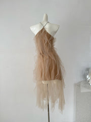 BXOXO - summer inspo 2025 Summer New Mesh Suspender Dresses Y2k Irregular Slim Waist Dress for Women Fashion Simple Dress Vestidos