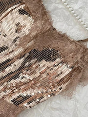 BXOXO Summer France Fashion Strap Irregular Party Dress Women Ruffles Splicing Lace Sequins Slim Mini Dress Sexy Chic Designer Clothes