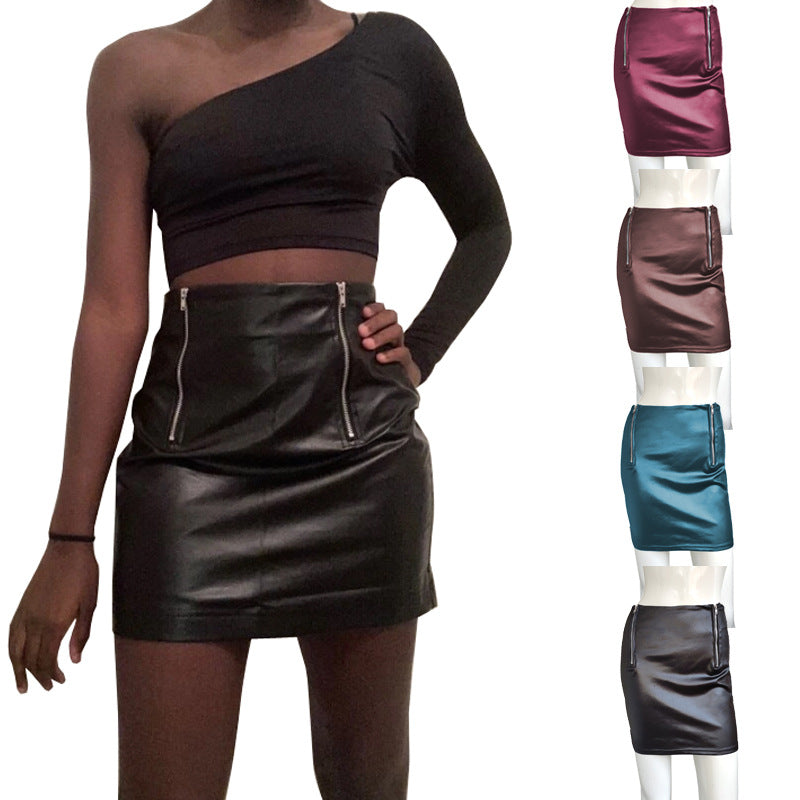 Shrimp Skin Summer New Short Skirt A- Line Imitation Leather Skirt Skirt Zipper Women's Skirt Hip Skirt One-Step Skirt