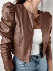 BXOXO Long Sleeves Loose Pleated Solid Color Split-Joint Collarless Jackets Outerwear